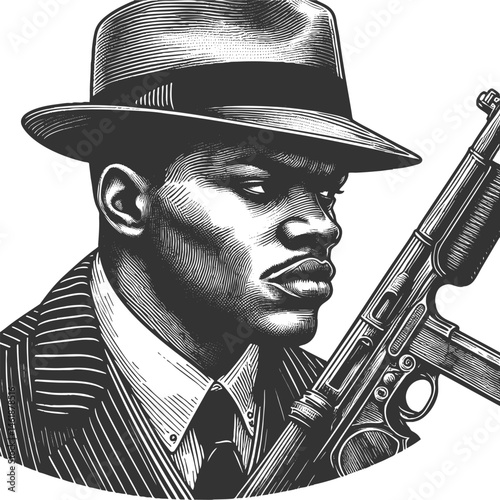 African-American gangster man in a suit, hat, holding machine gun sketch engraving generative ai fictional character vector illustration. Scratch board imitation. Black and white image.