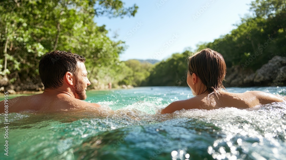 A captivating image of a couple swimming in a clear river surrounded by lush greenery, evoking feelings of love, adventure, and a connection to nature. A captivating image of a couple swimming in a clear river surrounded by lush greenery, evoking feelings of love, adventure, and a connection to nature.