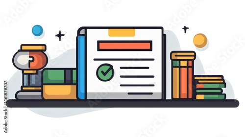 A stack of books and a piece of paper with a check mark on it
