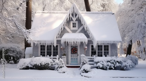 snowy house for sale in winter photo
