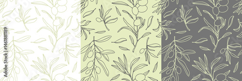 Hand drawn olive seamless pattern. Different coloured kitchen design. Cooking backdrop. Vector illustration.