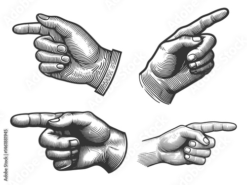 Hand pointer index finger Set collection bundle sketch engraving generative ai vector illustration. Scratch board imitation. Black and white image.