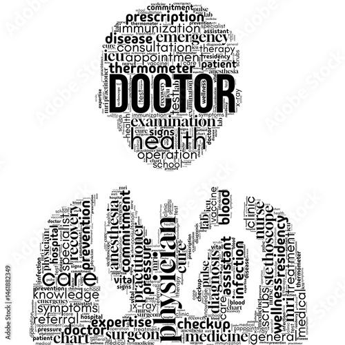 Word cloud centered on "Doctor", filled with terms related to healthcare, medicine, and treatment. Perfect for medical visuals, health campaigns, and professional healthcare content