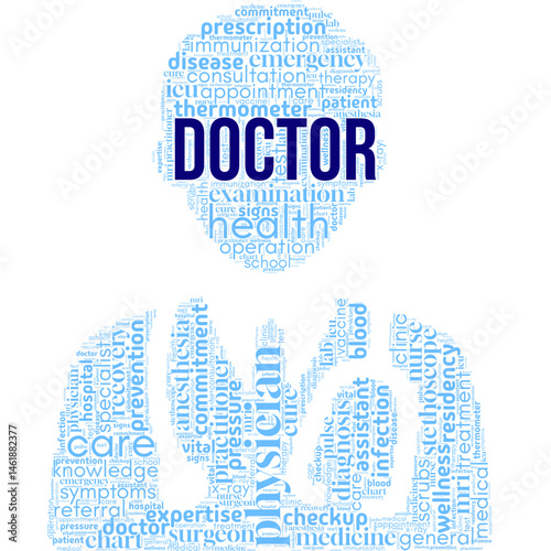 Word cloud centered on "Doctor", filled with terms related to healthcare, medicine, and treatment. Perfect for medical visuals, health campaigns, and professional healthcare content
