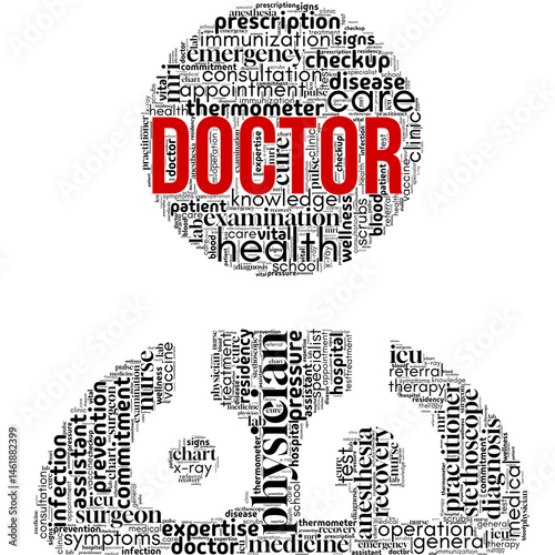 Word cloud centered on "Doctor", filled with terms related to healthcare, medicine, and treatment. Perfect for medical visuals, health campaigns, and professional healthcare content