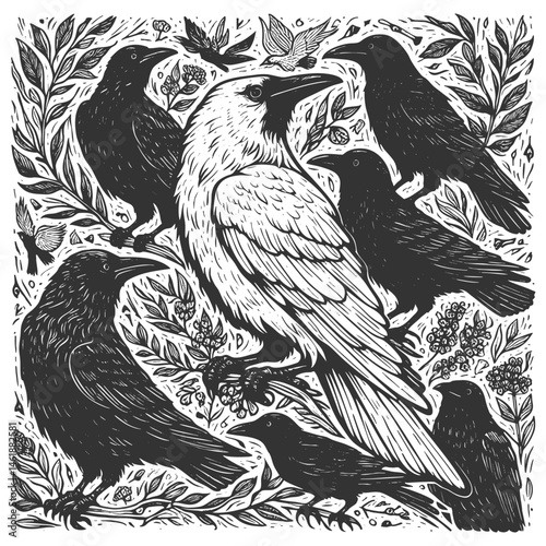 rare white crow surrounded by black crows, symbolizing uniqueness, nonconformity, and standing out from the crowd sketch engraving generative ai vector illustration. Scratch board. Black and white.