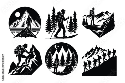   Set of hiking silhoutte vector