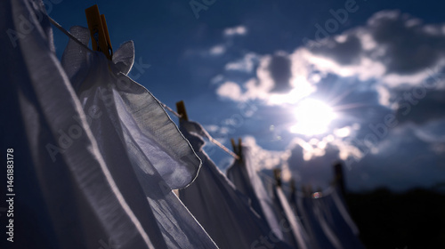 Egg white sheets drying on a clothesline, enjoying a sunny sidereal day with clouds in the sky.
