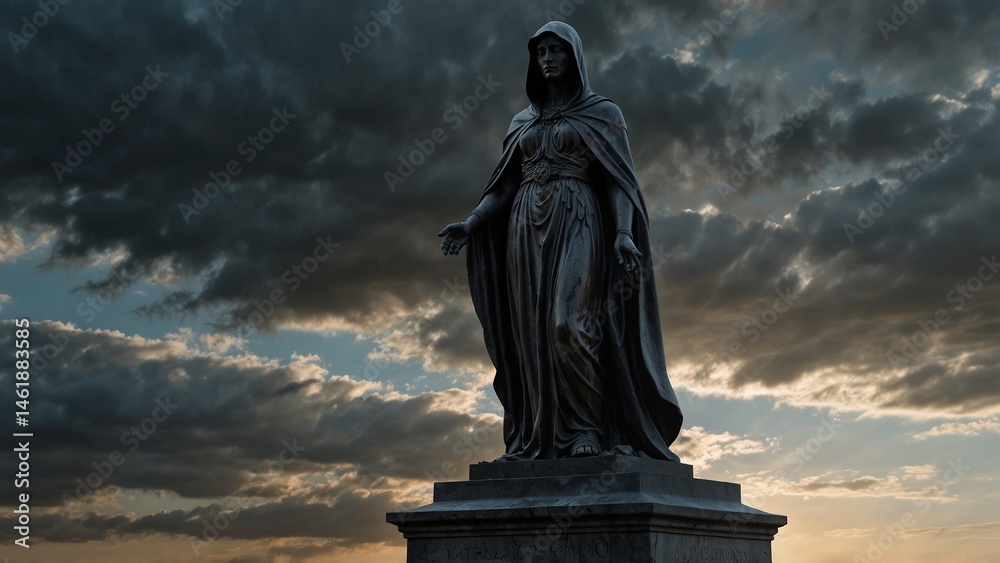 Fototapeta premium A statue of Futhilia, cloaked in drifting shadow clouds that erase all who touch