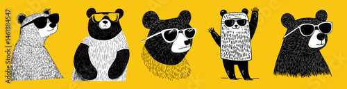 illustration set of cool summer bears wearing sunglasses