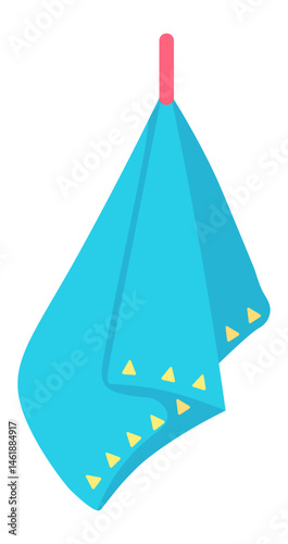 Clean light blue dishcloth hanging on a pink hook with a yellow triangle decoration represents cleanliness, household chores, and kitchen organization