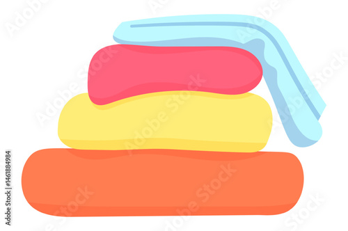 Soft and fluffy towels stacked neatly create a visually appealing pyramid, featuring vibrant colors of orange, yellow, pink, and light blue, enhancing any bathroom or spa setting