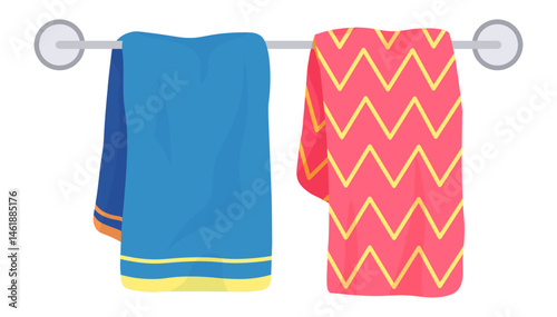 Clean blue and patterned pink towels hanging on a metallic rack, ready for use after refreshing showers or relaxing baths, add a touch of comfort and hygiene to any bathroom setting