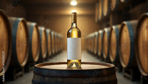 White wine bottle with blank label in wine cellar, warm, rustic atmosphere

 photo