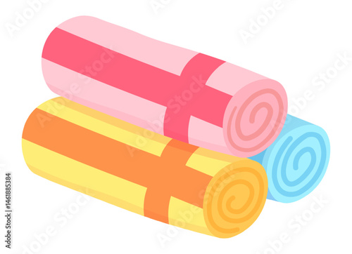 Colorful rolled beach towels forming a vibrant stack, eagerly awaiting vacationers on a sunny day, embodying the spirit of summer vacations and joyful holidays by the sea