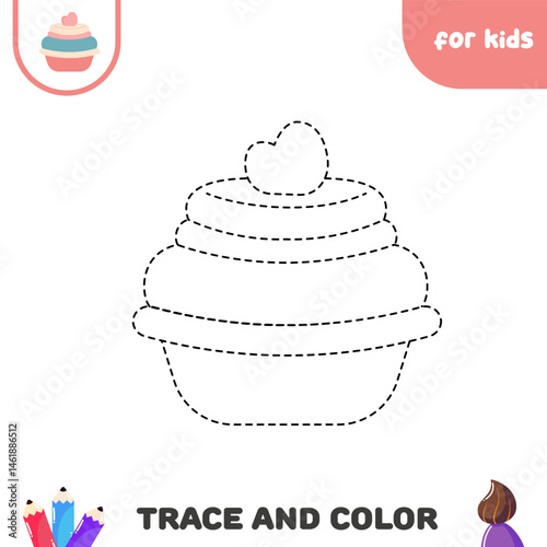 Trace and color cake.  Educational worksheet. Handwriting practice for kids