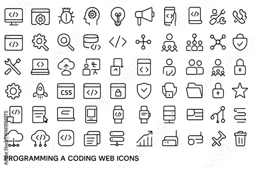 Vector illustration of coding web icons showcasing various programming concepts and tools in a modern design style