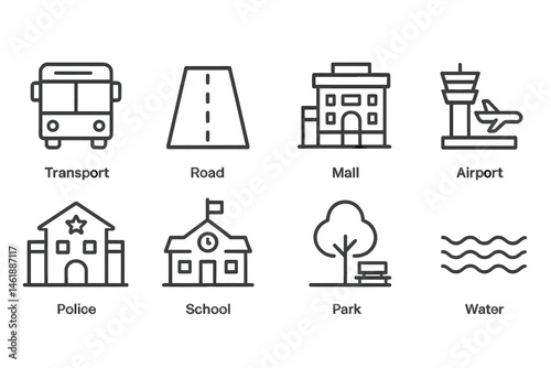 Vector illustration of various transportation and public locations including a bus, road, mall, airport, police station, school, park, and water