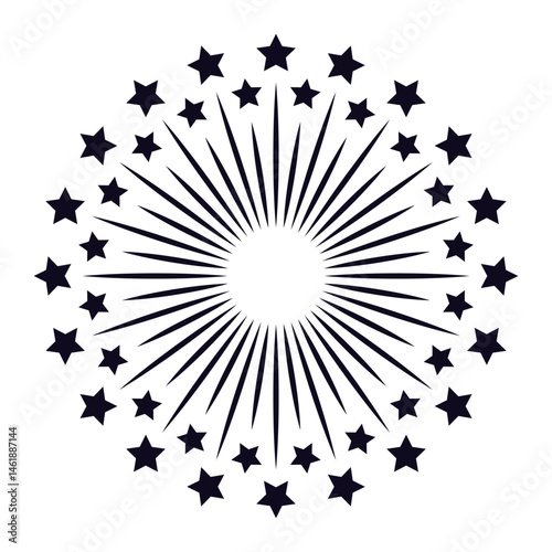Firework exploding with many stars surrounding it on a white background, creating a festive and celebratory atmosphere, perfect for Independence Day or New Year's Eve visuals