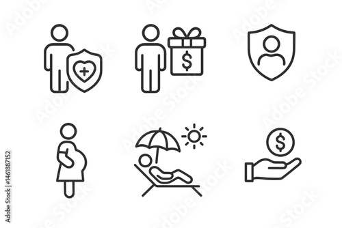 Health and wellness icons in vector illustration depicting insurance, pregnancy, and financial support activities