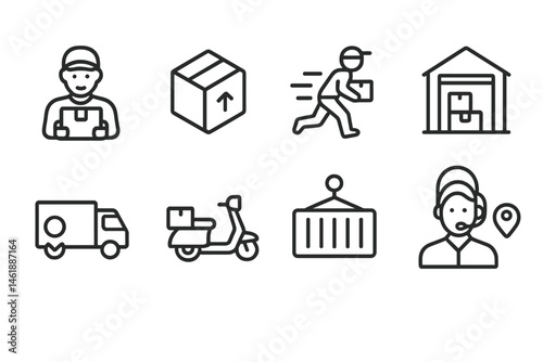 Delivery and logistics icons representing various aspects of shipping and transportation services
