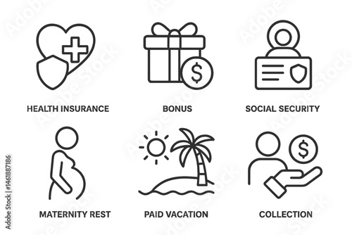 Diverse vector illustration icons representing various employee benefits and entitlements related to health, vacation, and social security