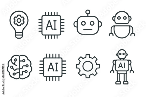 Vector illustration icons depicting artificial intelligence concepts including robots, brain, and technology components