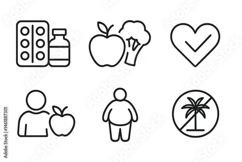Vector illustrations of health-related icons including medicine, fruits, and wellness symbols for lifestyle graphics