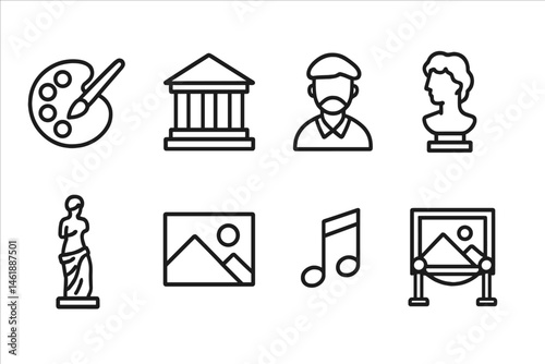 Icon collection representing art, culture, and music with various designs of brushes, sculptures, and architectural elements
