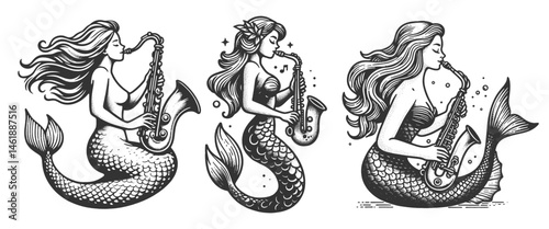 mermaids playing saxophones, combining fantasy ocean themes with jazz music Set collection bundle sketch engraving generative ai vector illustration. Scratch board imitation. Black and white image.