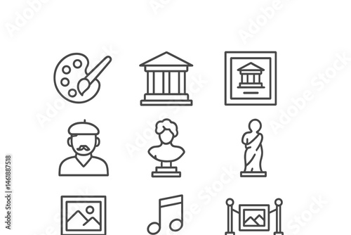 Vector illustration icon representing various aspects of art and culture including painting, sculpting, and music activities in an artistic setting
