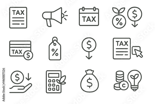 Essential tax-related vector icons depicting transactions and financial calculations for clear financial communication