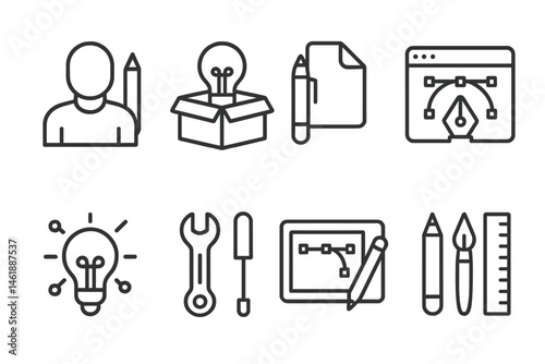 Icons representing creativity and design tools for graphic designers and artists during a brainstorming session