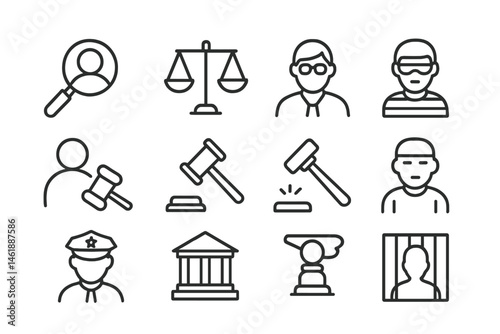 Vector illustration of legal icons including scales of justice, gavel, and law enforcement figures in a monochromatic design