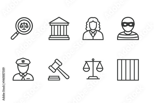 Vector illustration icons representing legal system elements including law enforcement, judiciary, and criminal figures