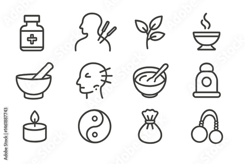 Vector illustration icon collection depicting wellness, herbal medicine, and holistic practices