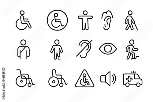 Vector illustration icons representing accessibility features for people with disabilities and mobility challenges in various settings