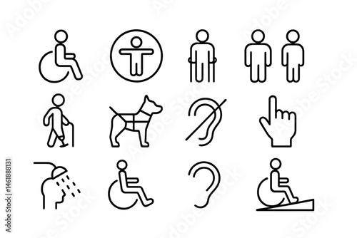 Vector illustration icon set representing accessibility symbols and various human figures used to promote inclusivity in different environments