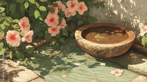 Serene Stone Water Feature with Pink Hibiscus Flowers