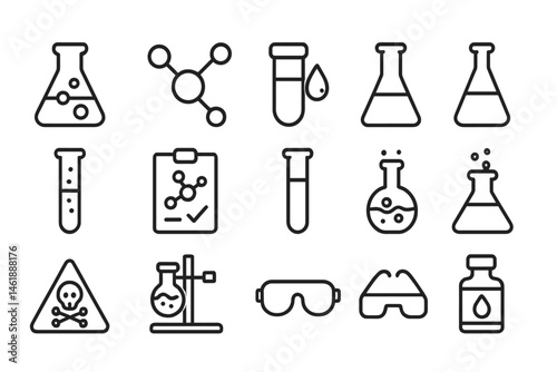 Collection of vector illustration icons depicting laboratory equipment and scientific symbols for educational use