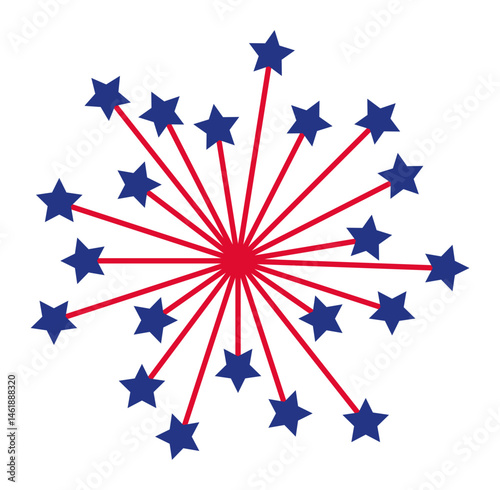 Red lines connect blue stars expanding from a central red circle, resembling a firework or starburst pattern, perfect for celebrating American holidays