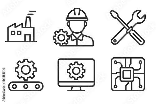 Industrial engineering vector icons featuring a factory, worker, tools, and technology elements for manufacturing concepts