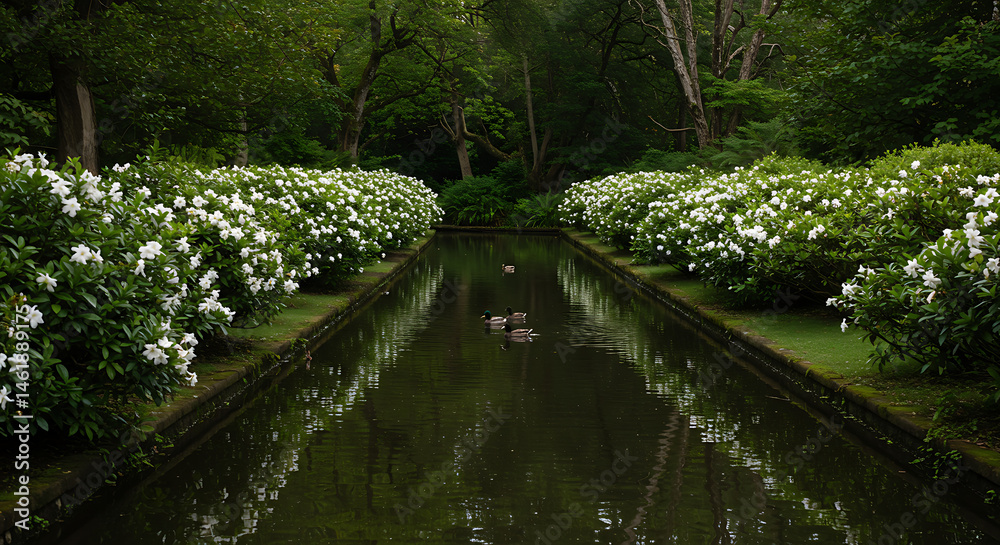 Fototapeta premium Ducks Swimming in Pond with White Flowers and Greenery