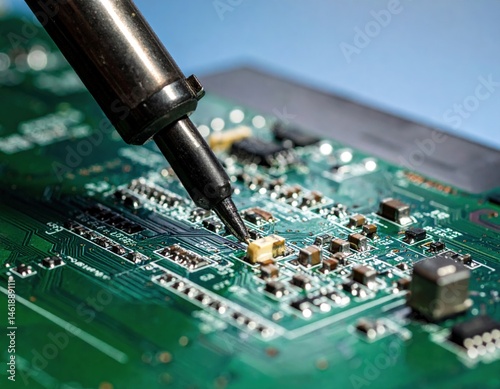 Close Up Of Soldering Iron On Circuit Board