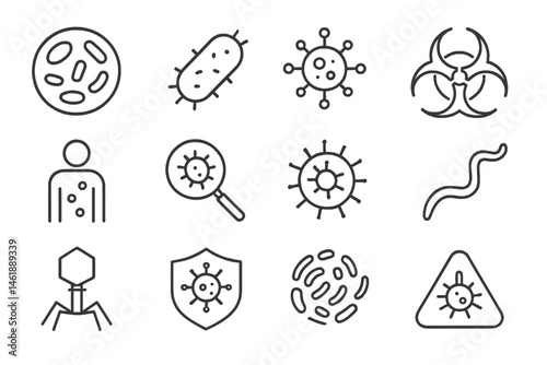 Vector illustration icon collection featuring microbes, viruses, and biohazard symbols for scientific and educational purposes