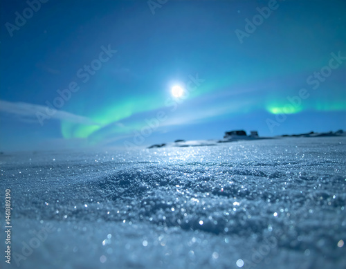 Snowy Ice Surface Aurora Borealis at Night