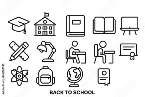Vector illustration icons representing back to school themes including education, classroom activities, and learning essentials