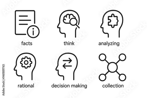 Vector illustration showing elements of critical thinking, analysis, and decision making through simple icons