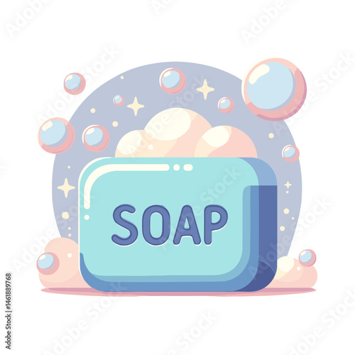Vector illustration of soap bar with bubbles for hygiene concept, pleasant design
