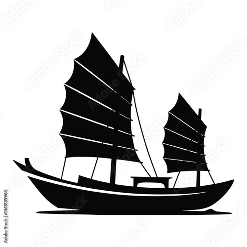 Ha Long Bay junk boat Silhouette, Vector, Illustration, Icon, Logo, White Background.